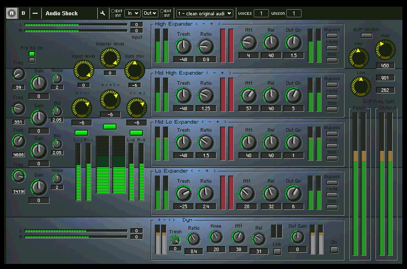 Audio Shock Reaktor ensemble interface showing multiband expansion, dynamics and stereo signal controls