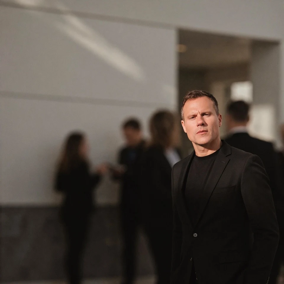 Portrait in a black blazer with softly blurred figures in the background.