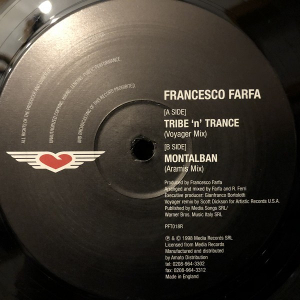 Original black Plastic Fantastic PFT018R label for Francesco Farfa Tribe n Trance, listing the Voyager Mix and Montalban Aramis Mix, with printed Voyager remix credit.