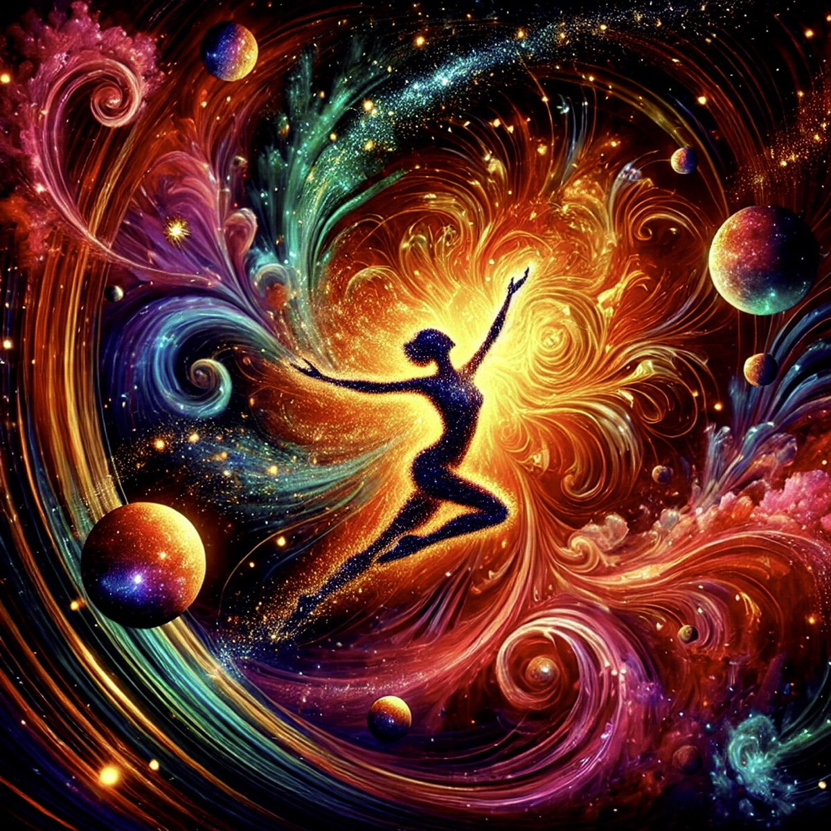 The Art of Joy cover: a dancing figure silhouetted against a golden swirl, surrounded by colorful planets and flowing cosmic patterns.