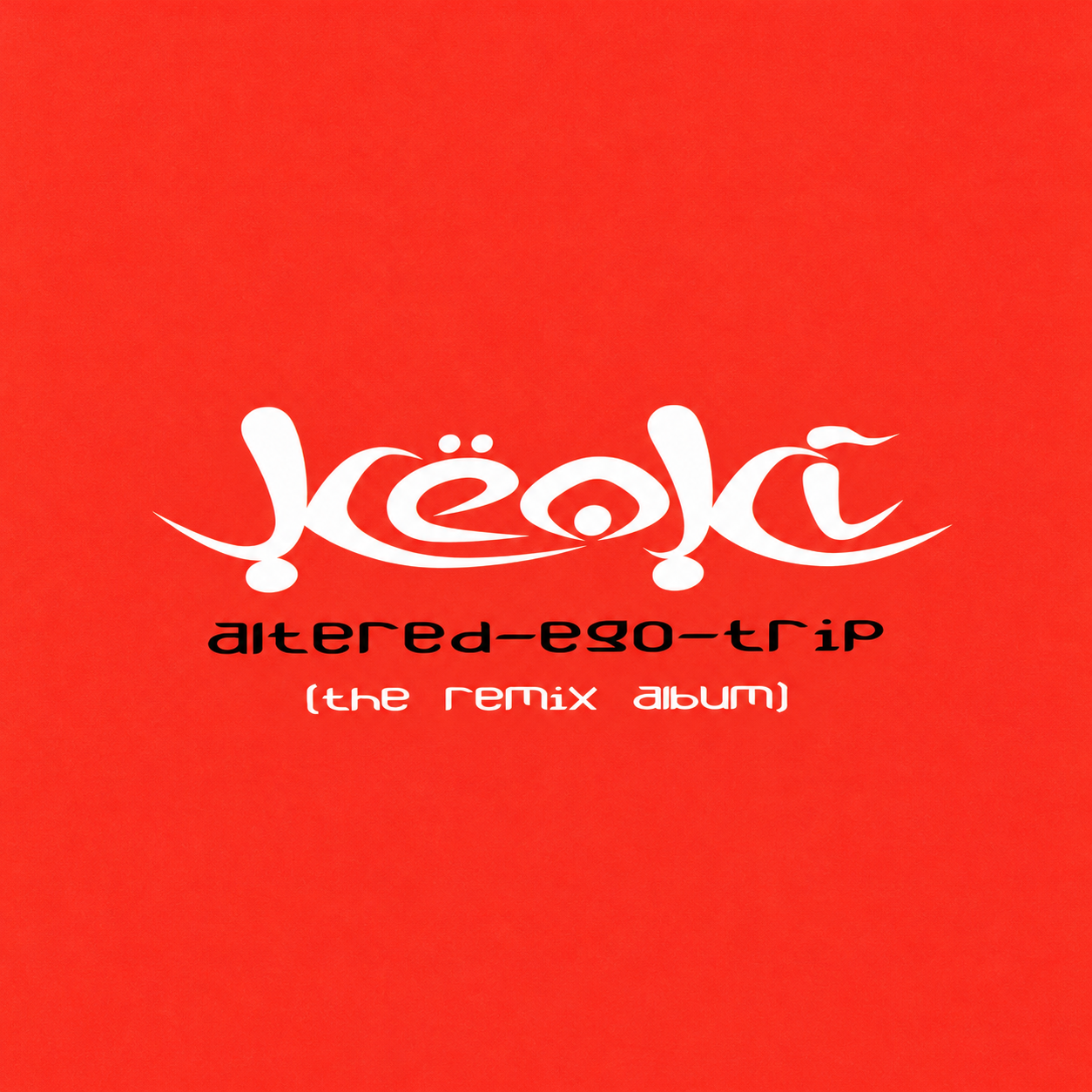 Restored Keoki Altered-Ego-Trip CD/digital cover with an ornate white wordmark, black title and white remix-album subtitle on a red-orange background.