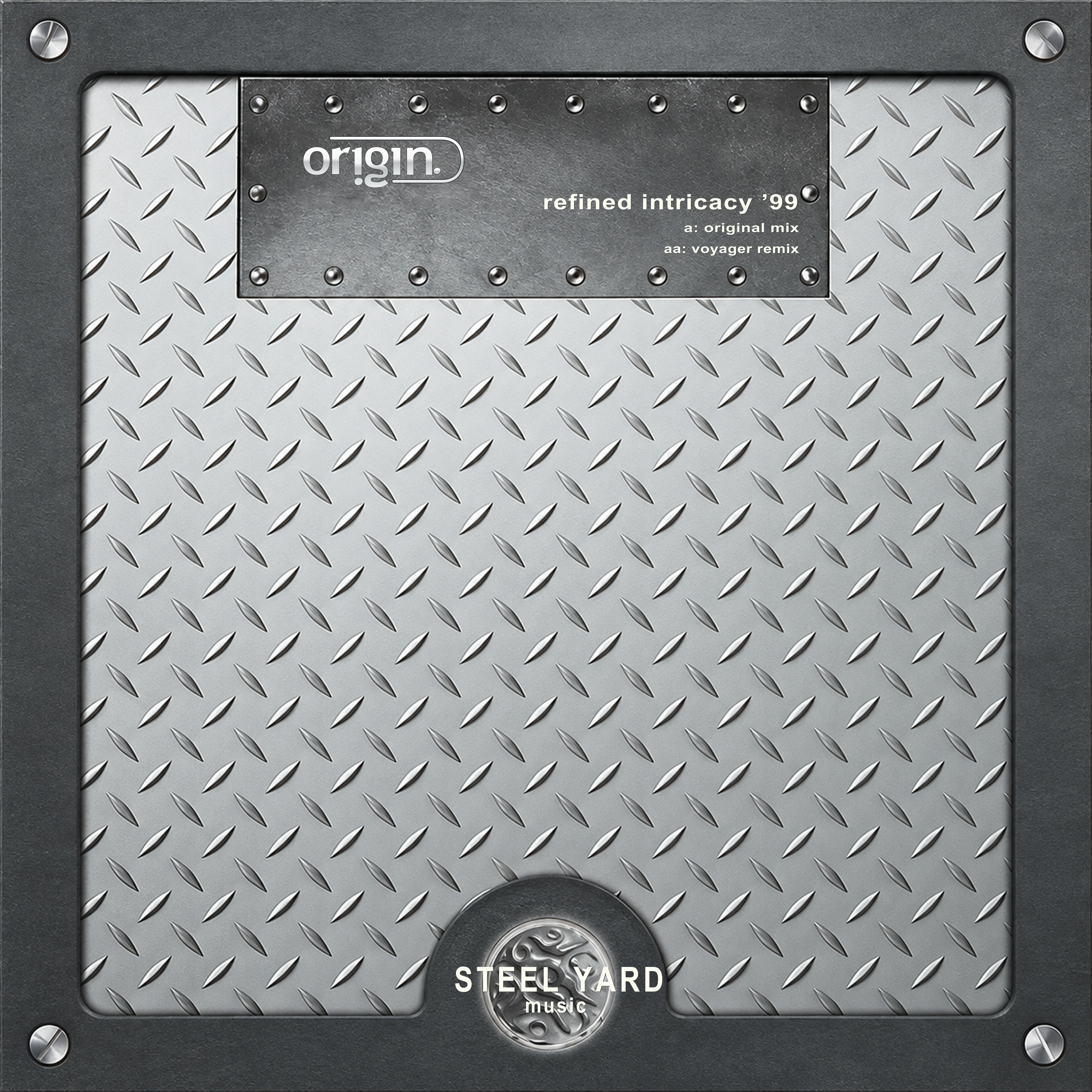 Origin — Refined Intricacy ’99 restored sleeve with silver diamond plate, Origin title panel and Steel Yard Music emblem.
